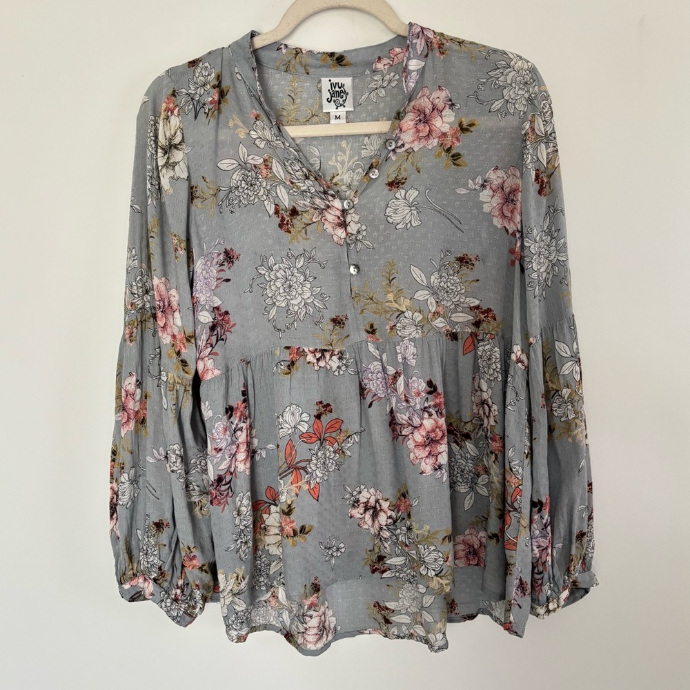 Ivy Jane Floral Bubble Sleeves Top Blouse Size Medium Lightweight B91